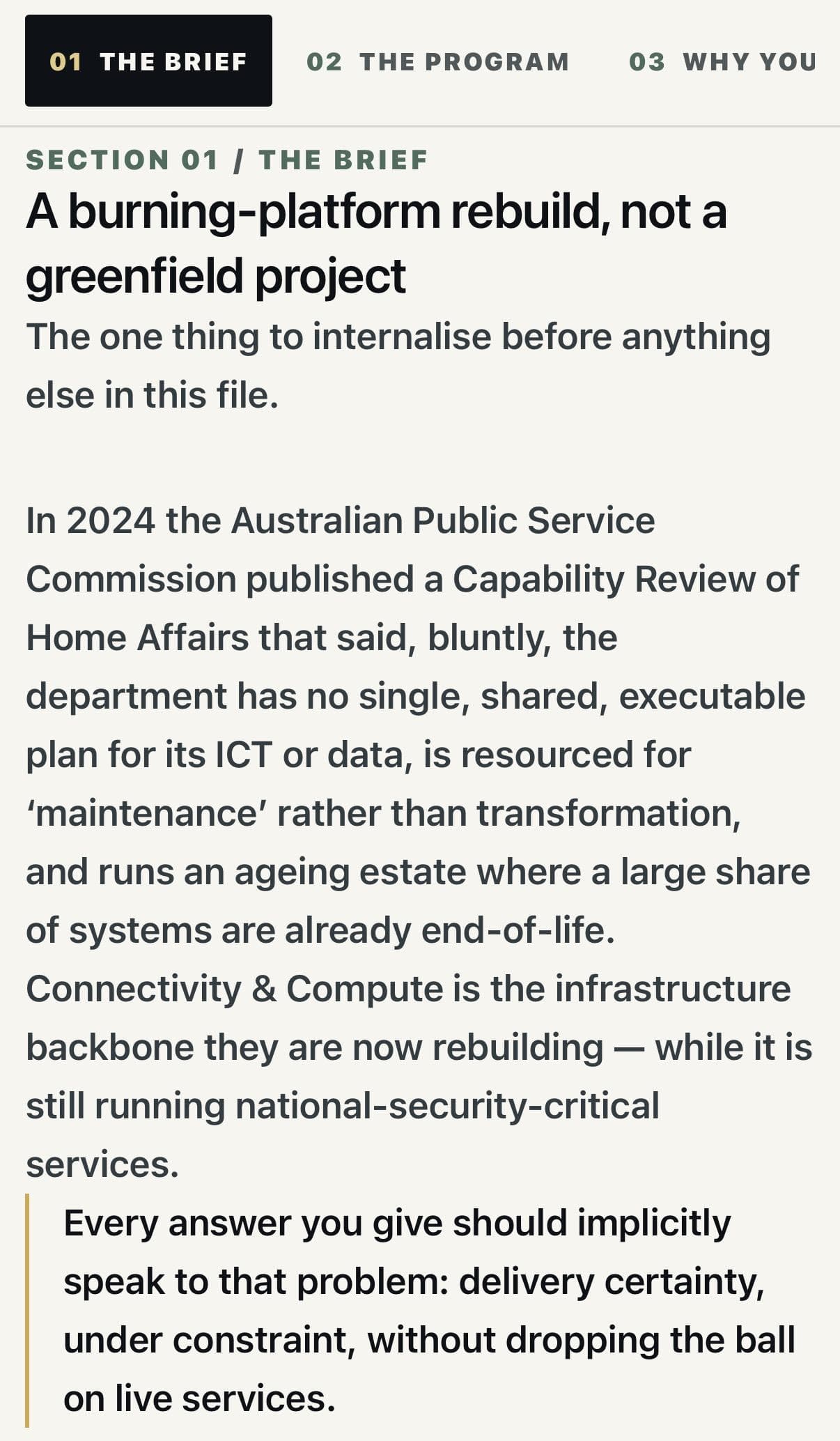 Section 01 of the first Front Foot Dossier: the brief, framing the role as a burning-platform rebuild rather than a greenfield project